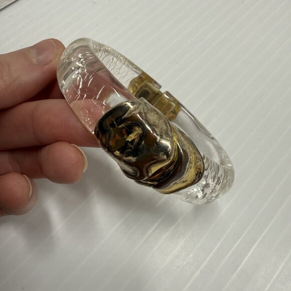 Alexis Bittar Molten Lucite Gold Hinged Cuff Bracelet Clear Transparent Statemen - Picture 4 of 6